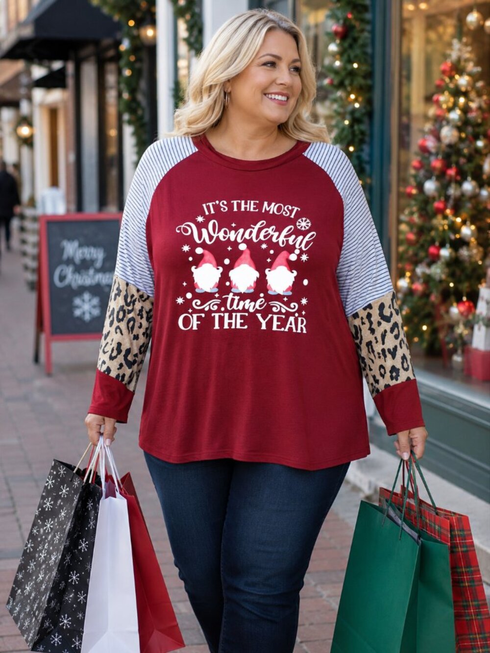 AMAZON Tunic Christmas Design Red/Multi-Color Gnomes/Animal Print 2XL